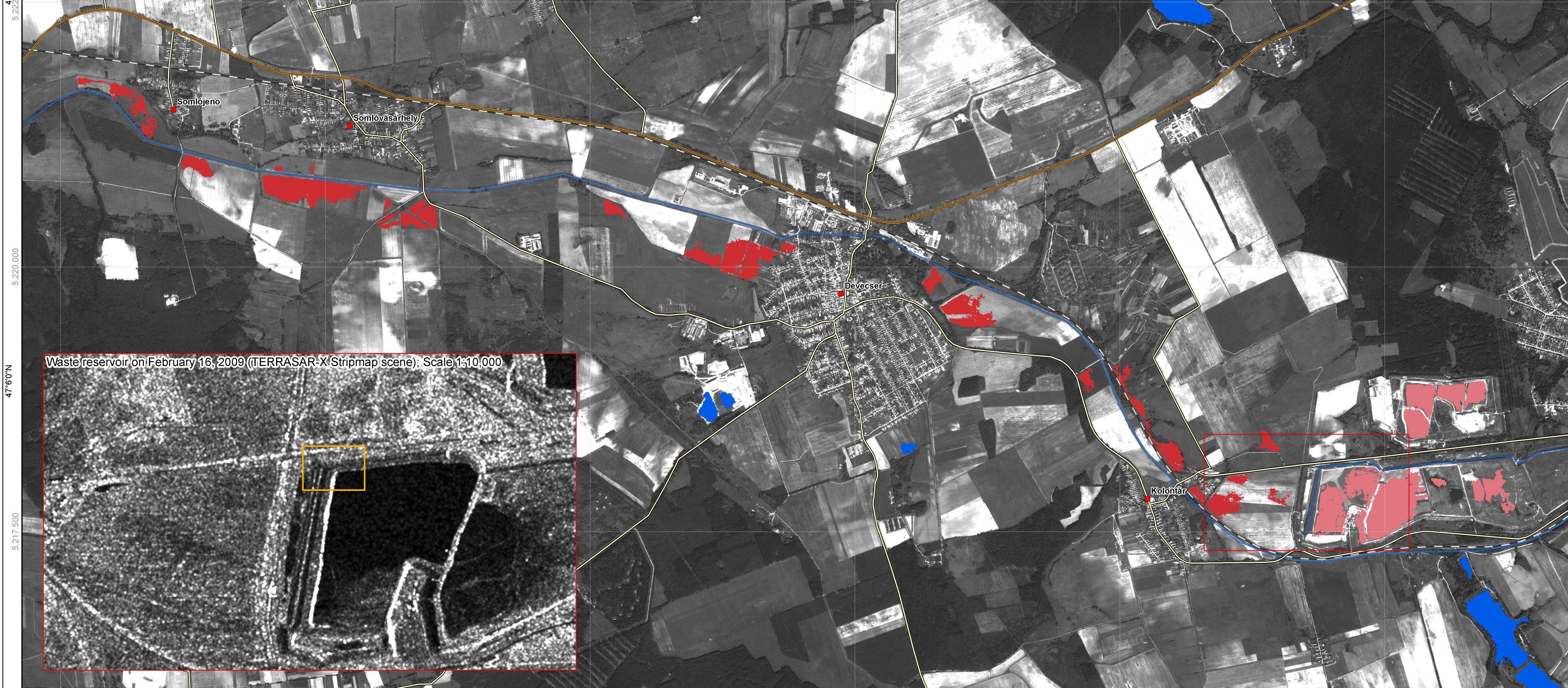 4. ábra A vörösiszappal borított területek (űrfelvétel, Űrvilág.hu)